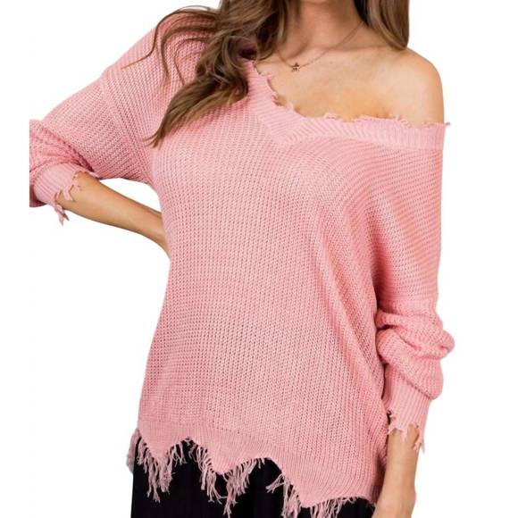 NEW MAINSTRIP frayed v-neck light weight sweater in peach mauve - Picture 1 of 3